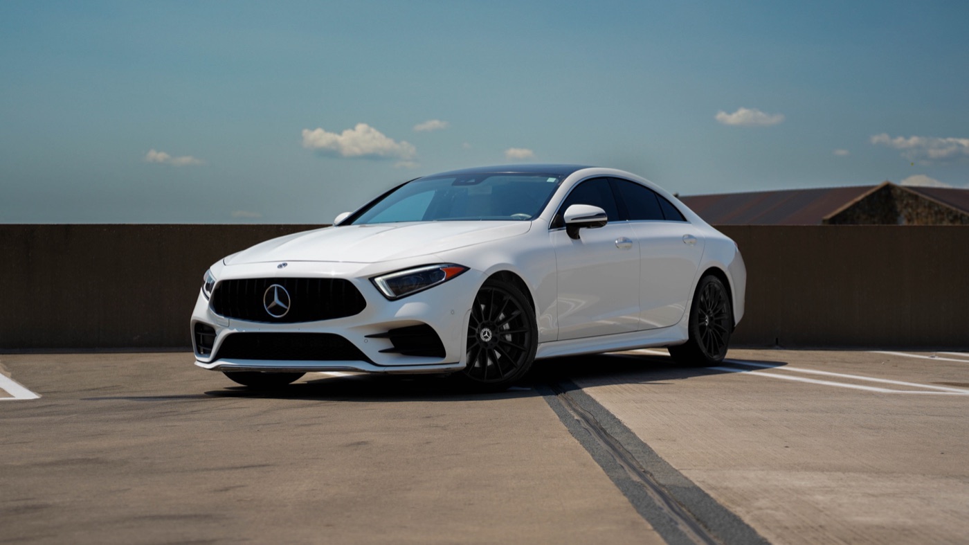 White Mercedes CLS 450 luxury sedan available through Drivn Dallas